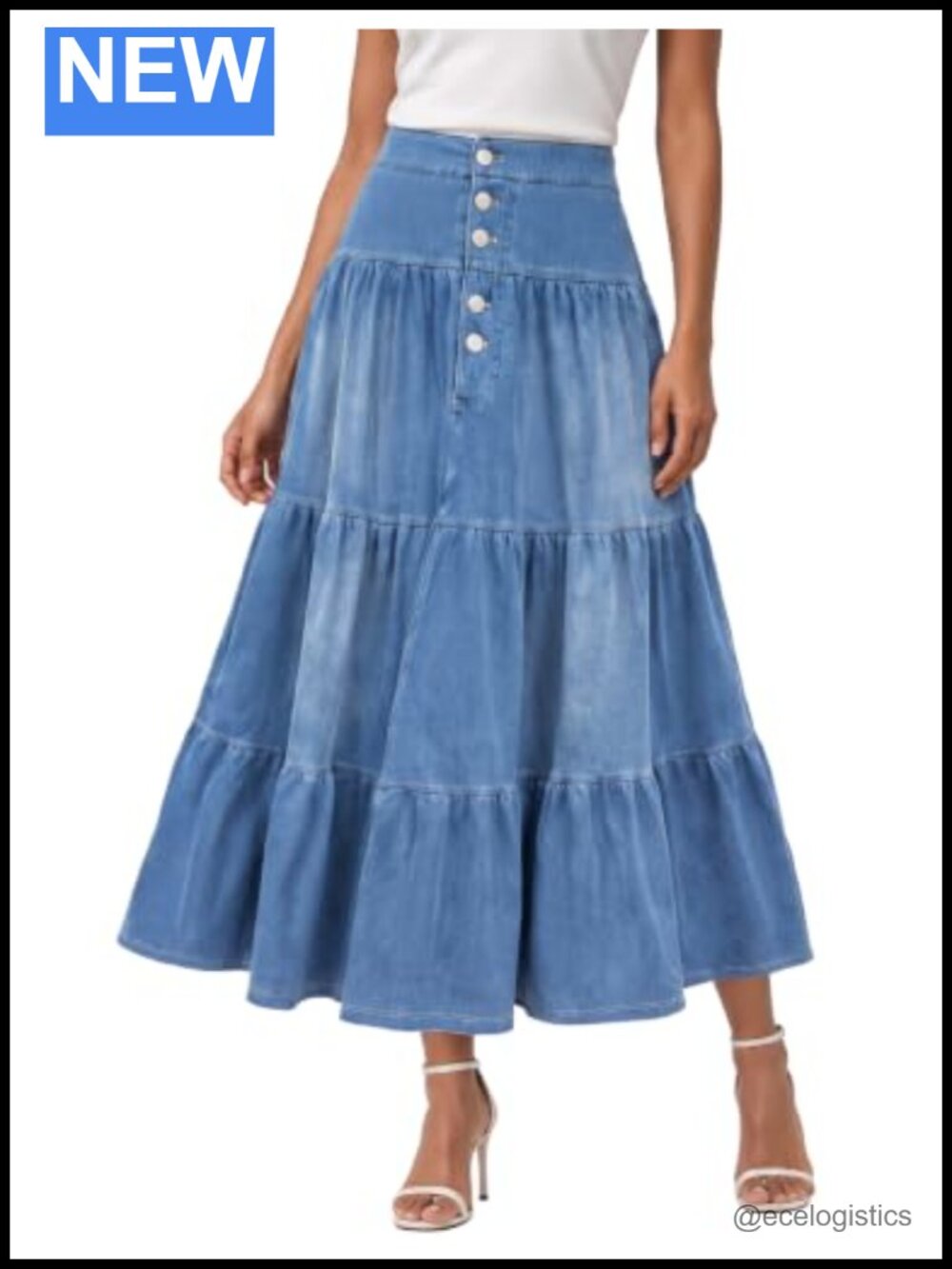 5-Button High Waist Stretchy Pleated Denim Maxi Skirt